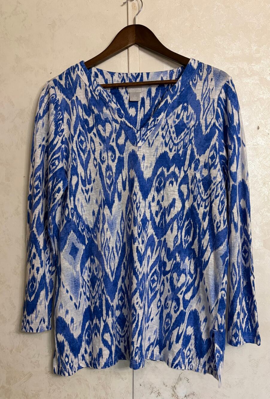 Chicos 2 Coastal Grandma Resort Cruise Wear Boho Chic Blue Ikat Linen Knit Tunic